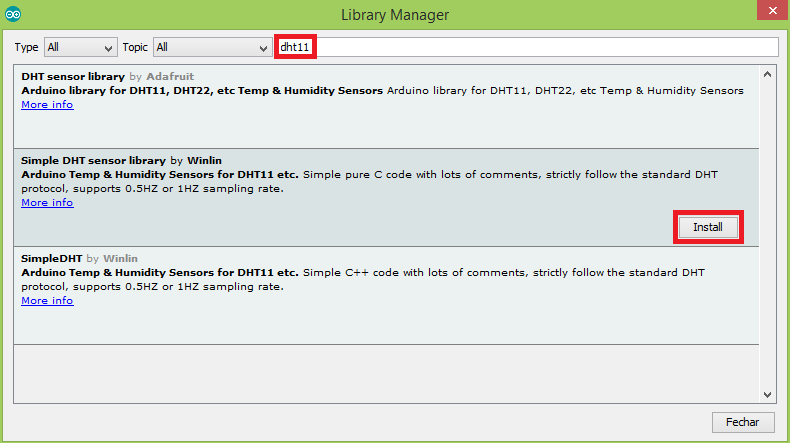 Installation of simple DHT sensor library through library manager.