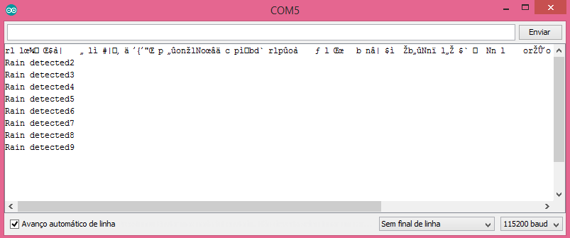 Output of the ESP8266 Arduino program, showing the detection of the rain drops.