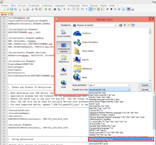 Notepad++ Saving FireBeetle ESP32 driver as inf
