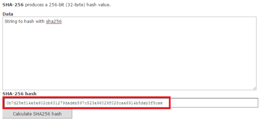 Result of the hash using sha256
