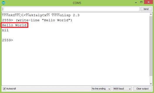 uLisp hello world command on the prompt