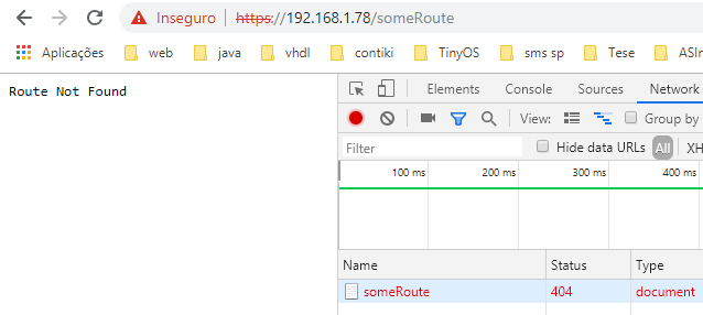 Sending a request to a non existing route of the HTTPS web server, which returns the default "Not Found" and 404 response.
