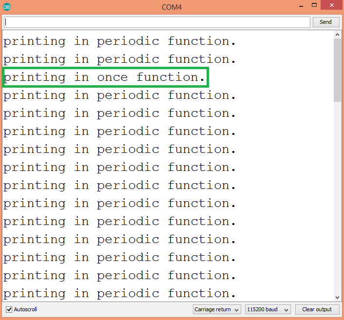 Output of the program, showing the prints from both the periodic and the to be executed once function.