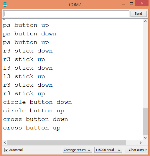 Output of the program that handles key pressed events for the buttons of the PS4 controller.