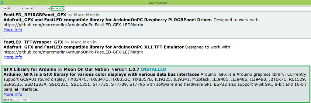 Installing the Arduino_GFX library from the Arduino IDE library manager.