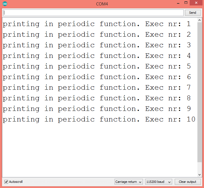 Output of the code, showing the 10 configured executions of the callback function, configured with the Ticker library.