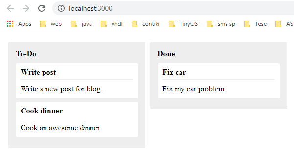 React Kanban board rendered on the browser.