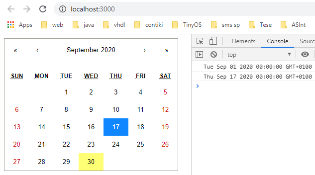 Rendering the React Calendar component on the browser.