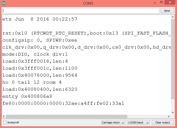 Output of the program on the Arduino IDE serial monitor, showing the ESP32 soft AP IPv6 address.