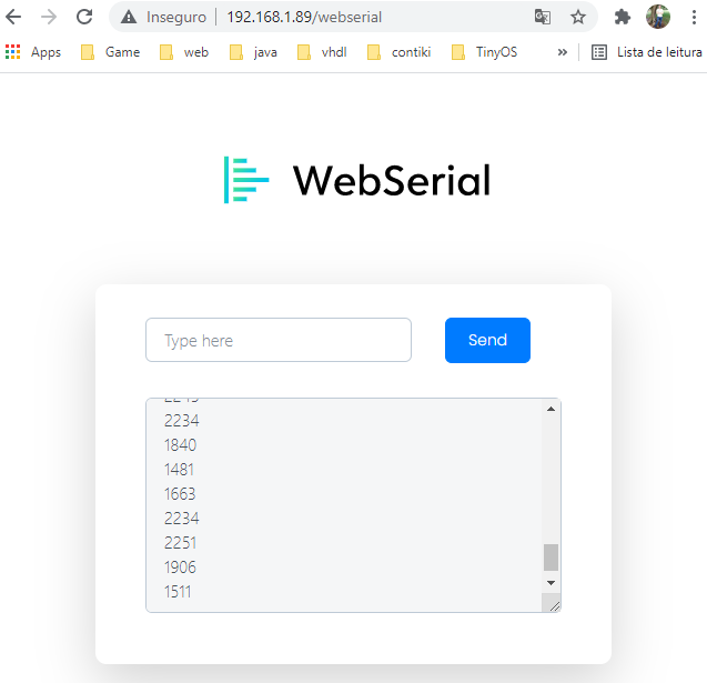 Sensor measurements printed to the WebSerial console.
