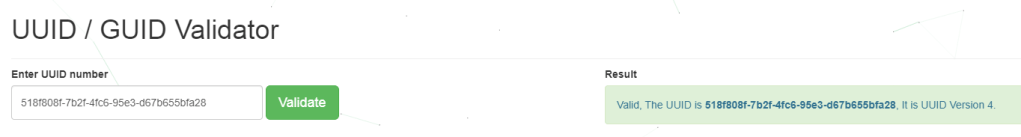 Validating the generated v4 UUID on an online tool.